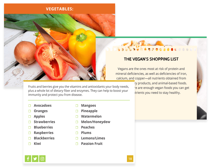 Two overlapping infographic pages: one shows fresh vegetables like bell peppers, onions, carrots, and leeks under the title "VEGETABLES," with a list of fruits below; the other is titled "THE VEGAN'S SHOPPING LIST" and discusses vegan nutrition.